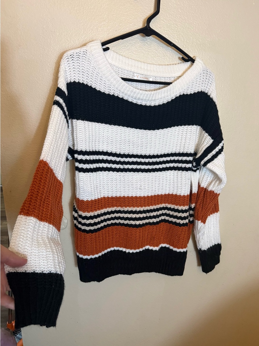 Striped Crewneck Sweater in White, Black & Rust by Unknown Brand